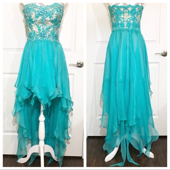 La Femme Aqua Blue Teal Prom Pageant Dress Chiffon Lace High Low Strapless Gown - Picture 2 of 8